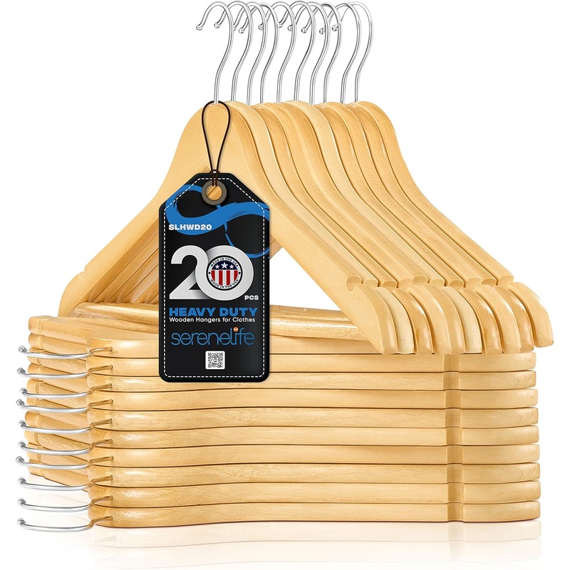 SereneLife Premium Solid Wooden Hangers  Smooth Finish Space Saving Heavy Duty Suit Clothes Hanger Set w/ 360 Degree Swivel Metal Hook, Precisely Cut Notches, for Coats Jackets Pants Dress (20-Pack)