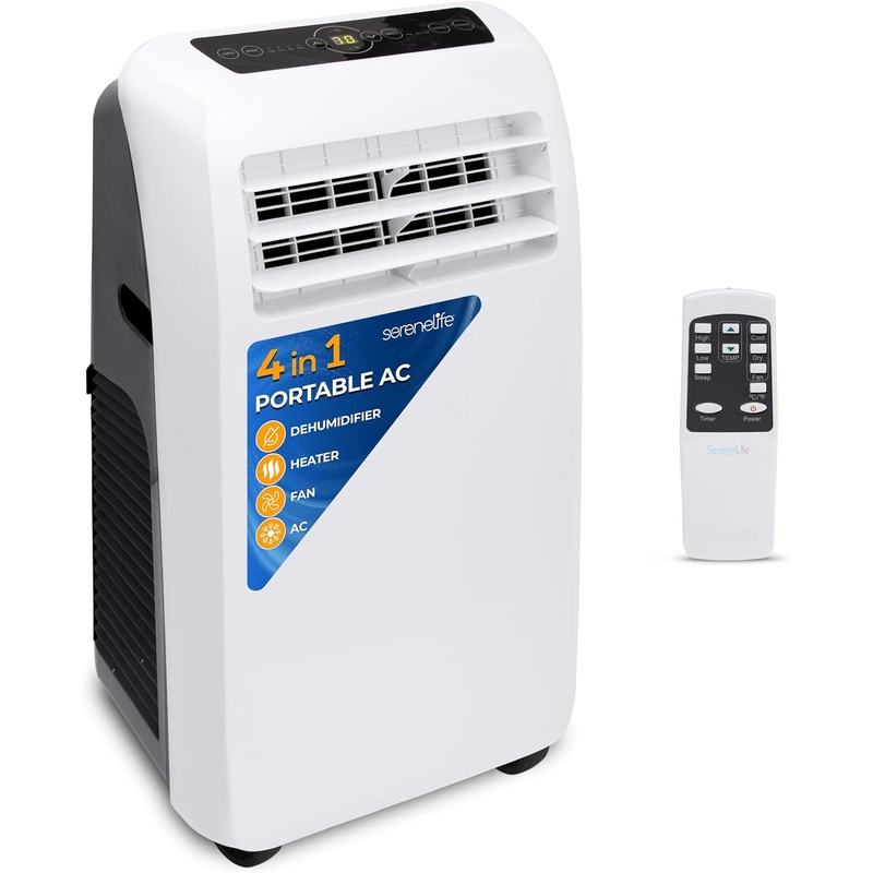 SereneLife Small Air Conditioner Portable 10,000 BTU with Built-in Dehumidifier + Heat  Portable AC unit for rooms up to 450 sq ft  Remote Control, Window Mount Exhaust Kit
