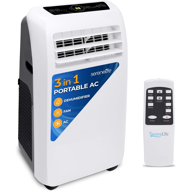 SereneLife Small Air Conditioner Portable 10,000 BTU with Built-in Dehumidifier  Portable AC unit for rooms up to 450 sq ft  Remote Control, Window Mount Exhaust Kit