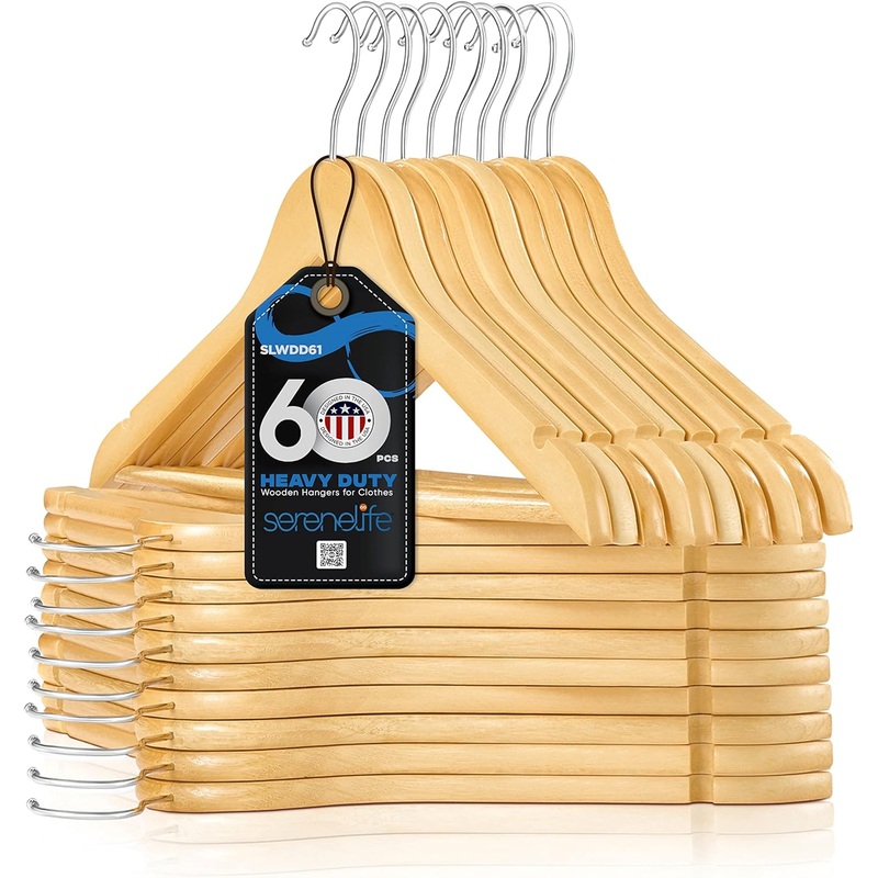 SereneLife Solid Wooden Hangers, Mega Pack, 60 Pieces Hangers for Clothes, Heavy Duty Suit Hanger Set with Chrome 360 Degree Swivel Hook, Notched Design, Natural Wood Color