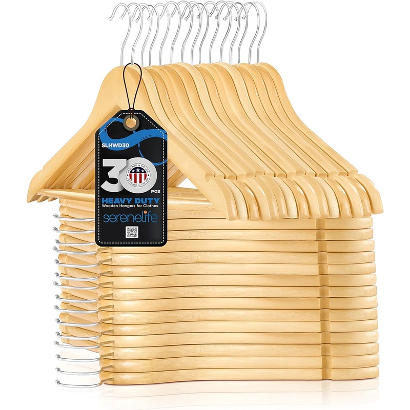 SereneLife Wooden Hangers, Premium Clothes Hanger, Coat Hanger, Space Saving Heavy Duty Hangers, 30 Pack Wood Hangers