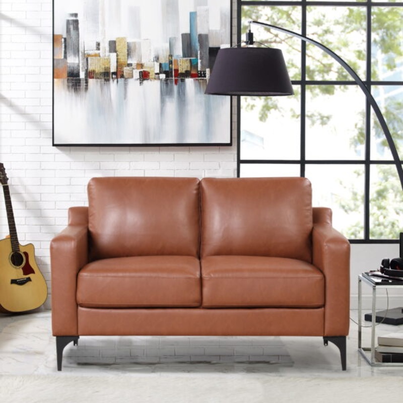 Serta Hemsworth Mid-Century Modern Style 2 Seater Indoor Loveseat, Brown Faux Leather