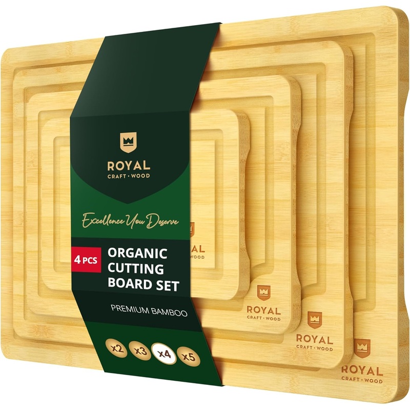 ROYAL CRAFT WOOD Wooden Cutting Boards for Kitchen Meal Prep & Cutting  Bamboo Wood Cutting Board Set with Deep Juice Groove Side Handles  Charcuterie & Chopping Butcher Block for Meat (4 Pcs)