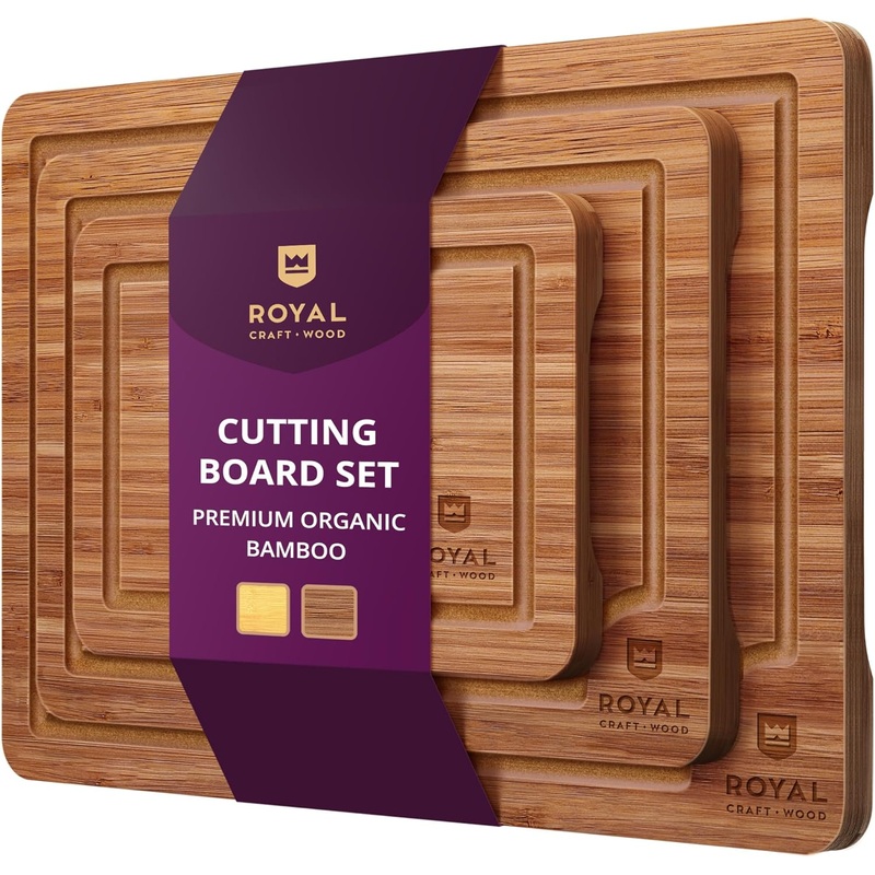 ROYAL CRAFT WOOD Wooden Cutting Boards for Kitchen Meal Prep & Serving  Bamboo Wood Serving Board Set with Deep Juice Groove Side Handles  Charcuterie & Chopping Butcher Block for Meat (3 Pcs)