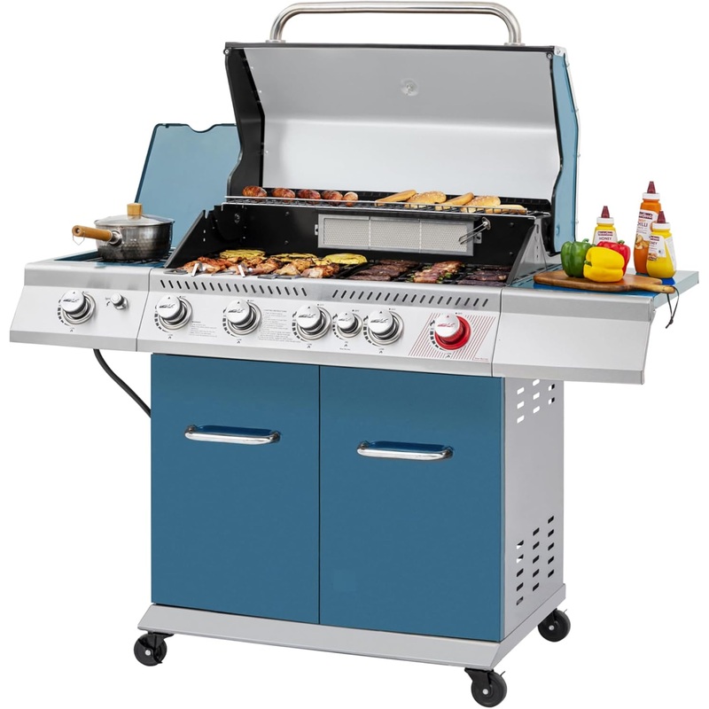 Royal Gourmet GA5403B 5 Burner Propane Gas Grill with Side Burner & Rear Burner, Cabinet Style Design BBQ Grill with 74,000 BTUs Output for Barbecue Grilling & Backyard Cooking, Blue