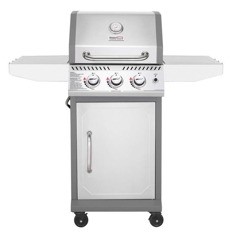 Royal Gourmet GG3001S Stainless Steel 3-Burner Propane Gas Grill, 25,500 BTU Cabinet Style Cas Grill with Side Tables