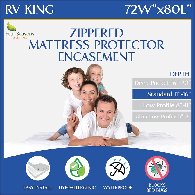 RV King Zippered Mattress Protector (72 Wx80 L)  Waterproof Encasement Premium Hypoallergenic Bed Cover Protects Against Dust Allergies  Breathable, Noiseles