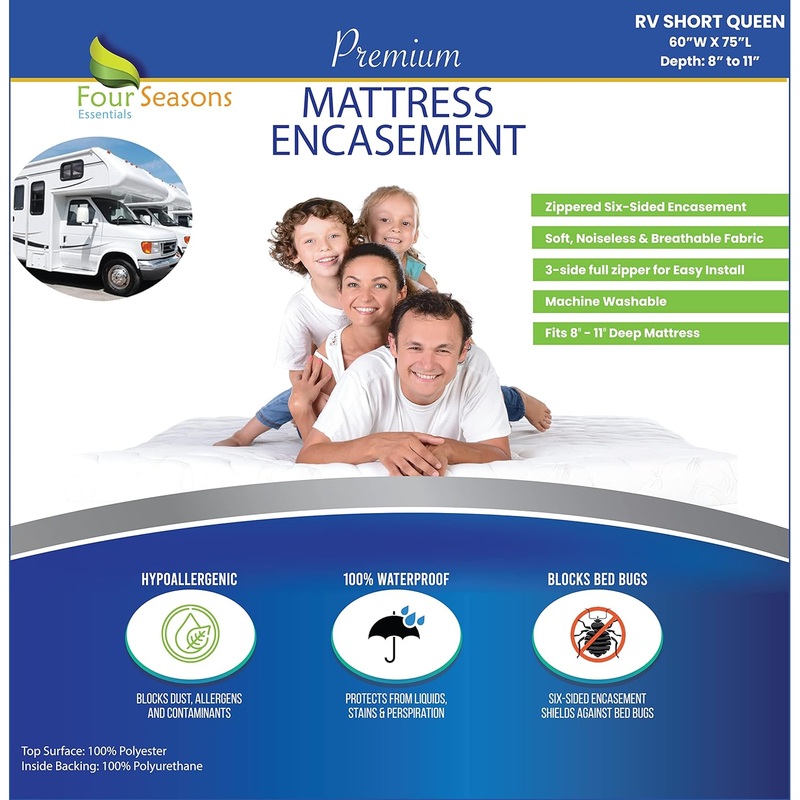 RV Short Queen Mattress Protector 60 W x 75L (8 to 11 Depth)  Waterproof Zippered Encasement Premium Quality Hypoallergenic Bed Cover Protects Against Dust