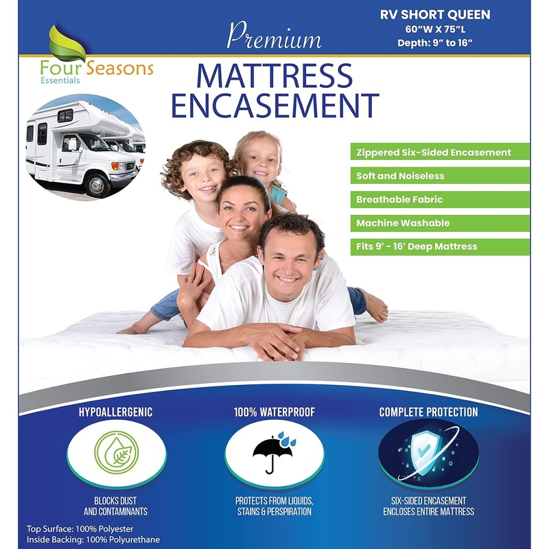 RV Short Queen Mattress Protector (60 Wx75 L) Waterproof Zippered Encasement Hypoallergenic Premium Bed Cover Protects Against Dust Allergies