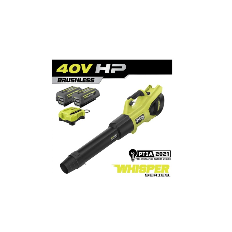RYOBI RY404100VNM 40V HP Brushless Whisper Series 190 MPH 730 CFM Cordless Battery Jet Fan Leaf Blower with (2) 4.0 Ah Batteries & Charger