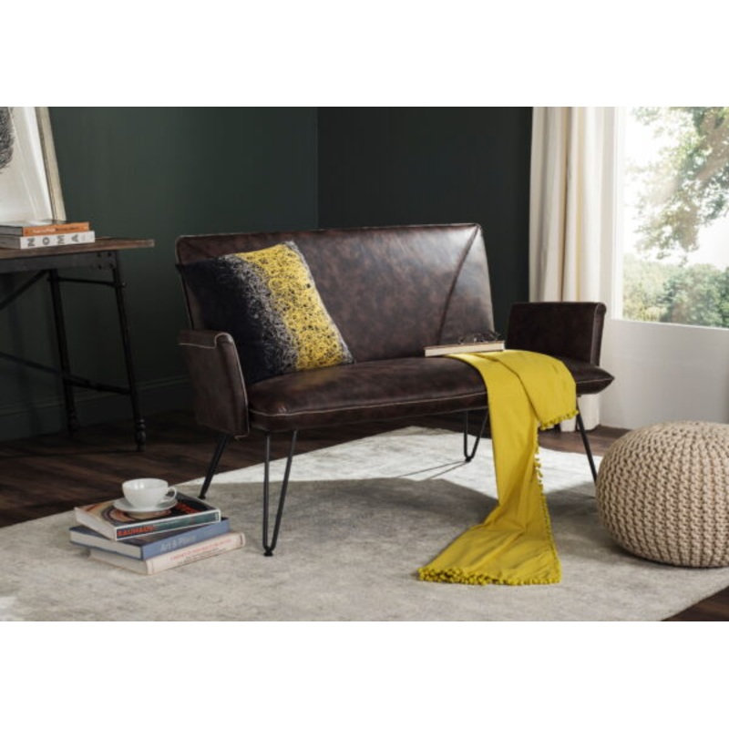 Safavieh Johannes Mid-Century Retro Modern Leather Settee, Antique Brown/Black