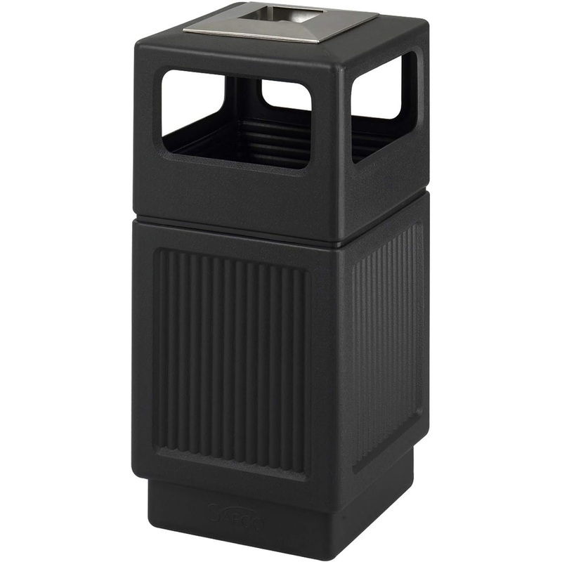 Safco Products 9477BL Canmeleon Outdoor Indoor Recessed Panel Trash, Garbage Can & Cigarette Ash Black Decorative Fluted Panels, Stainless Steel Ashtray, Plastic Liner Easy Clean, 38 Gallon Capacity