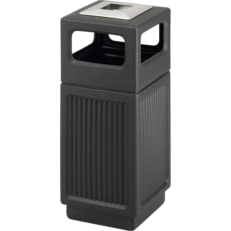 Safco Products Canmeleon Outdoor-Indoor Recessed Panel Trash, Garbage Can with Ash Urn 9474BL Black Decorative Fluted Panels Stainless Steel Ashtray 15 Gallon Capacity