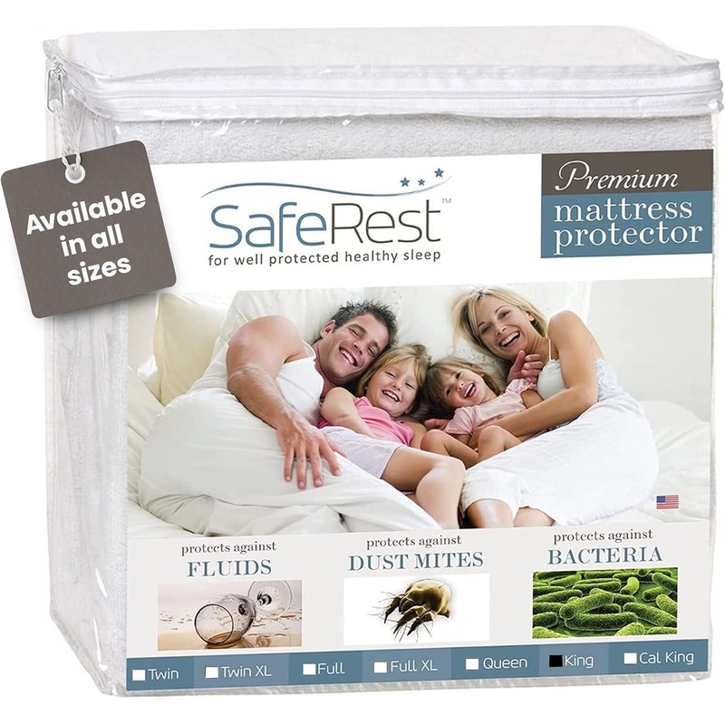 SafeRest 100% Waterproof King Size Mattress Protector  Fitted with Stretchable Pockets  Machine Washable Cotton Mattress Cover for Bed  Perfect Bedding Airbnb Essentials for Hosts