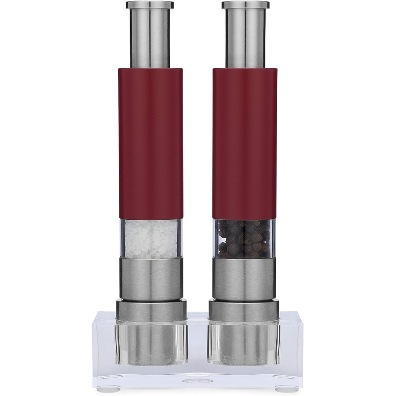 Salt and Pepper Grinder Set of 2 with Modern Thumb Push Button Red Grinder, Premium Stainless Steel, for Black Pepper, Sea Salt and Himalayan Salt, With Stand, Peppermill are Refillable