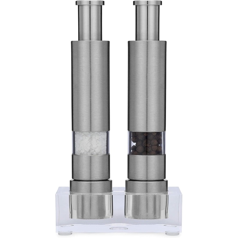 Salt and Pepper Grinder Set, Refillable, Manually Operated Pump & Grind, Thumb Press Peppermill, and Salt Grinder.