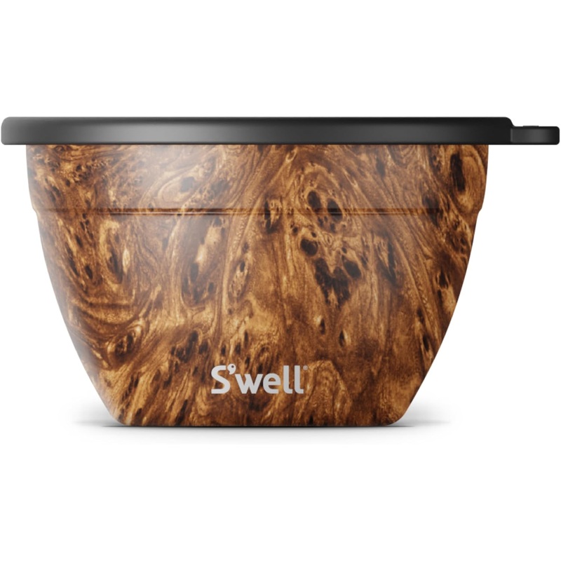 Swell Stainless Steel Salad Bowl Kit  64oz, Teakwood  Comes with 2oz Condiment Container and Removable Tray for Organization  Leak-Proof, Easy to Clean, Dishwasher Safe