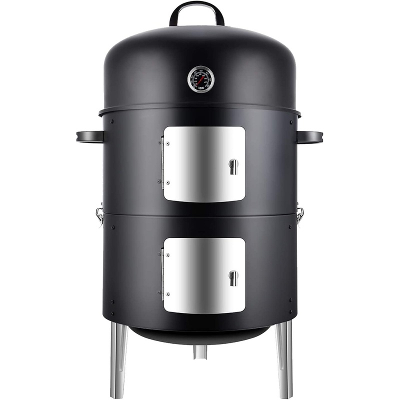 Realcook Vertical 17 Inch Steel Charcoal Smoker, Heavy Duty Round BBQ Grill for Outdoor Cooking, Black