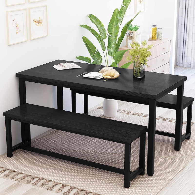 Recaceik 3 Piece Dining Table Set for 4, 43.3 Kitchen Table Set with 2 Benches, Space Saving Dinette with Chairs Metal Frame & MDF Board Dining Room Table for Kitchen, Breakfast Nook, Black