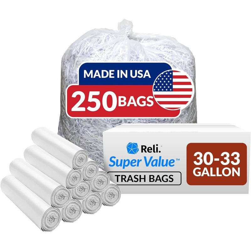 Reli. 30-33 Gallon Trash Bags Heavy Duty | 250 Bags Bulk | Clear Large Trash Bags 30+, 32 Gallon | Made in USA
