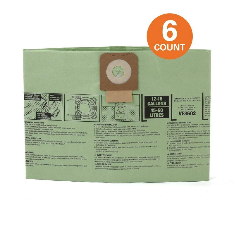RIDGID VF3602A Wet Dry Vac Premium Cyclonic Dry Pick-up Only Dust Bags for Select 12-16 Gallon RIDGID Shop Vacuums, Size A (6-Pack)