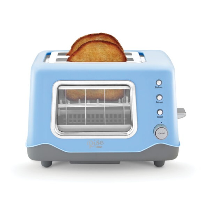 Rise by Dash Clear View Window 2-Slice Toaster Blue  Defrost, Reheat, Bagel, Auto Shut off