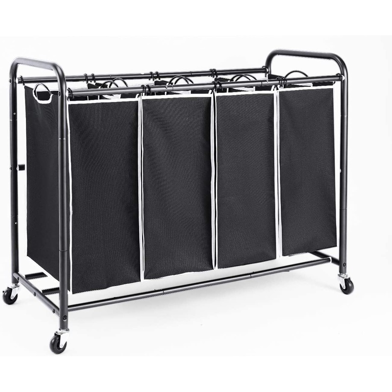 ROMOON Laundry Sorter, 4 Compartment Laundry Hamper with Heavy Duty Rolling Lockable Wheels, Laundry Basket Organizer with Removable Bags for Dirty Clothes Storage, Black