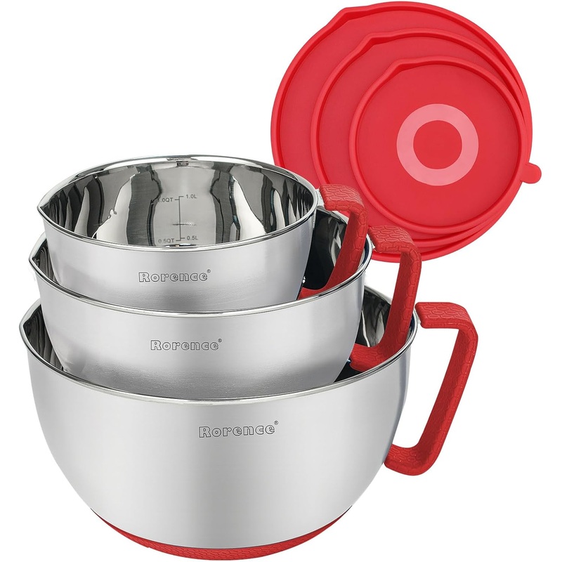 Rorence Mixing Bowls with Lids Set: Stainless Steel Mixing Bowls with Handles, Non-Slip Bottom & Pour Spout  Red, 3 quarts