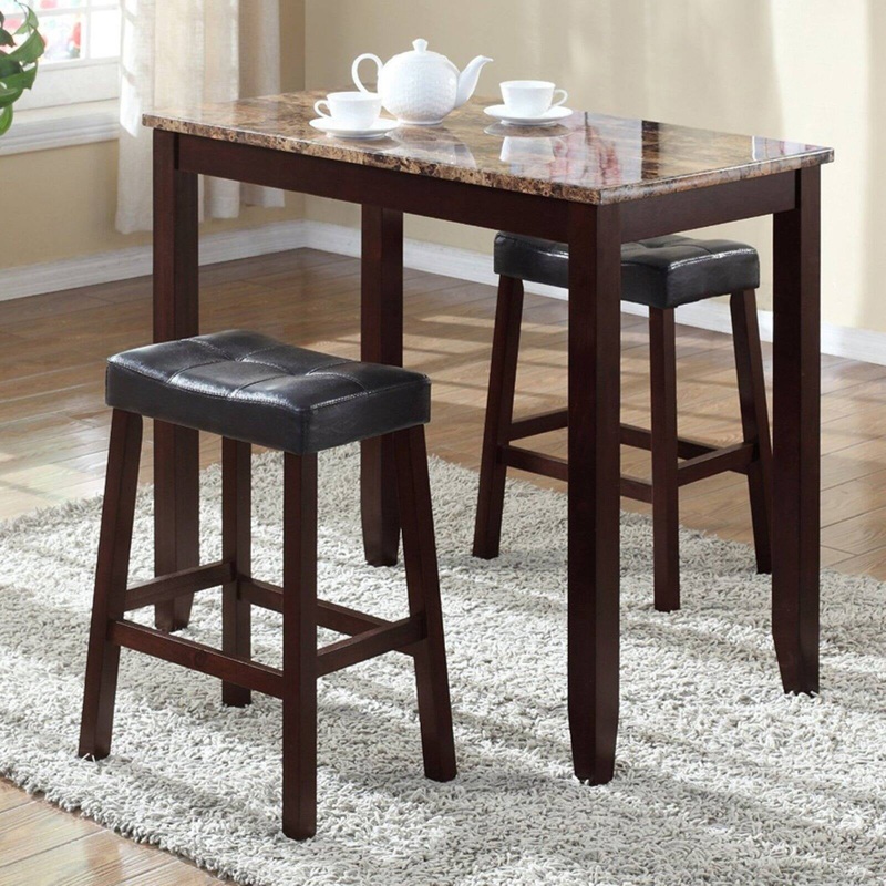 Roundhill Furniture 3-Piece Counter Height Glossy Print Marble Breakfast Table with Stools, Espresso