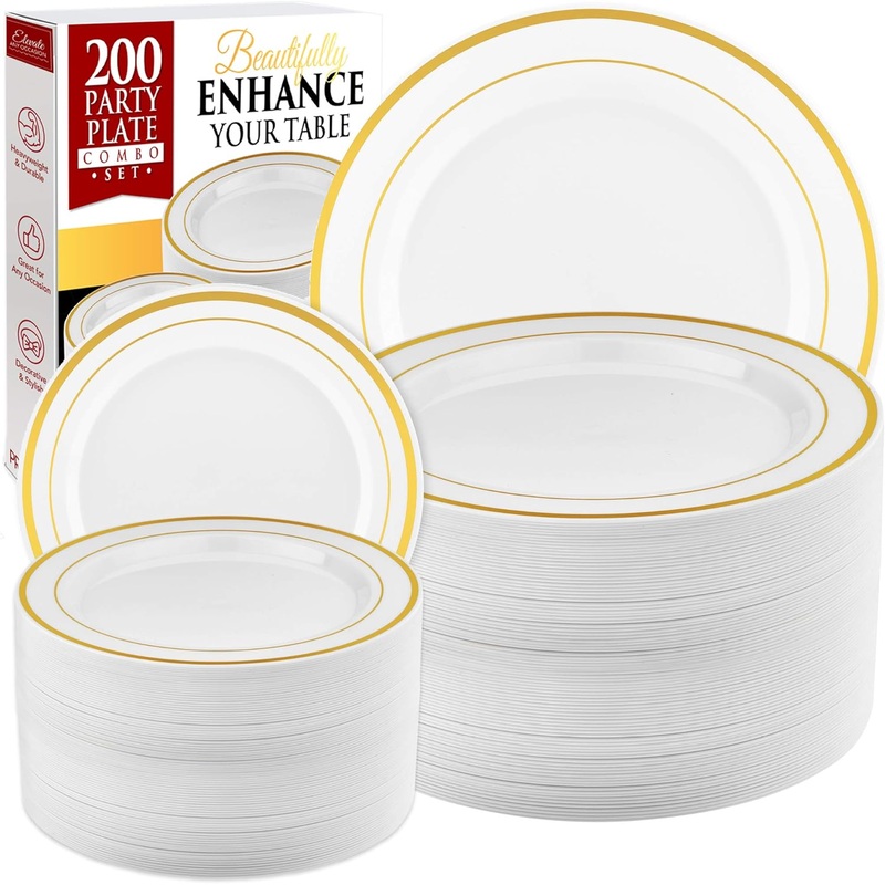 Prestee 200pc Gold Plastic Plates  100 Dinner Plates & 100 Salad Plates, White + Gold-Rimmed Plastic Plates, Gold Party Plates Disposable Heavy Duty  Dessert, Appetizer, Holiday, Wedding Plates