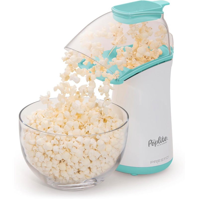 Presto 04869 PopLite Hot Air Popcorn Popper  Built-In Measuring Cup + Melts Butter, Easy to Clean, Built-In Cord Wrap, 18 Cups, Aqua/White
