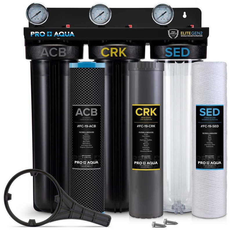 PRO+AQUA PRO-100-E Pro Aqua ELITE Whole House Water Filter 3 Stage Well Water Filtration System with Gauges, PR Button, 1 Ports, Filter Set