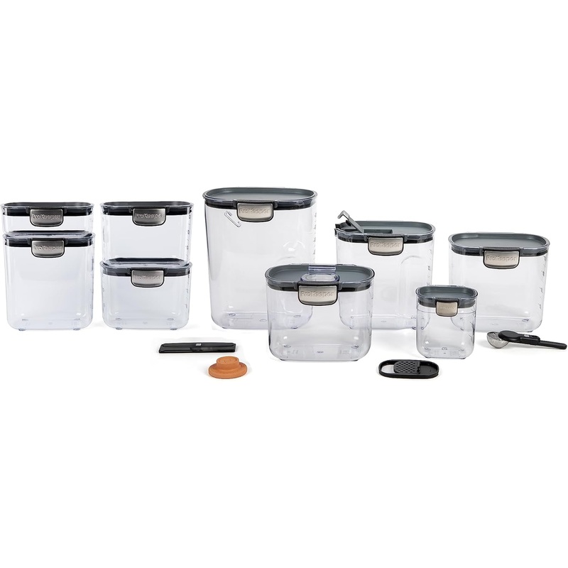 Progressive International ProKeeper+ Piece Clear Plastic Airtight Food Flour and Sugar Bakers Kitchen Storage Organization Container Canister Set with Magnetic Accessories (13-Piece)