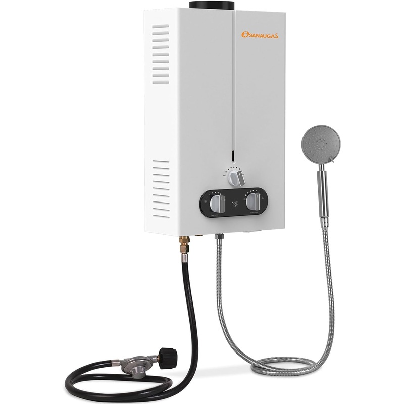 Propane Water Heater Tankless, 1.85GPM 7L Portable Instant Hot Water Heater, Outdoor Use for RV, Camper Van, Camping Trailer, Cabin, Barn, Pool, White