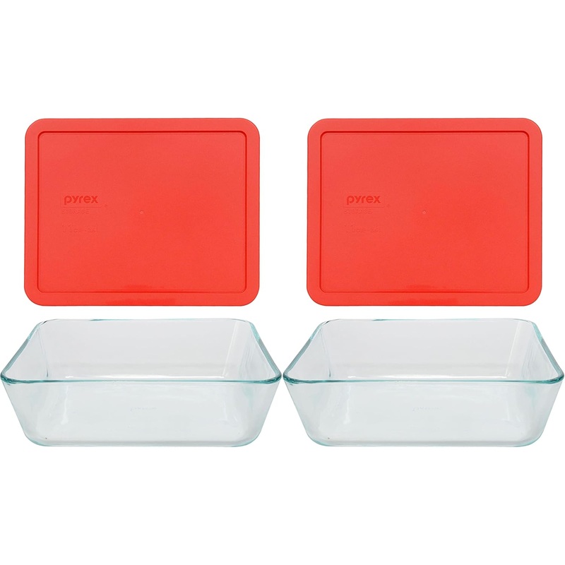 Pyrex 1075451 Stor+rect/Cvr Size Cu Pyrx Storage+Rectangle/Cover, 11 cup Containers (Pack of 2), Red