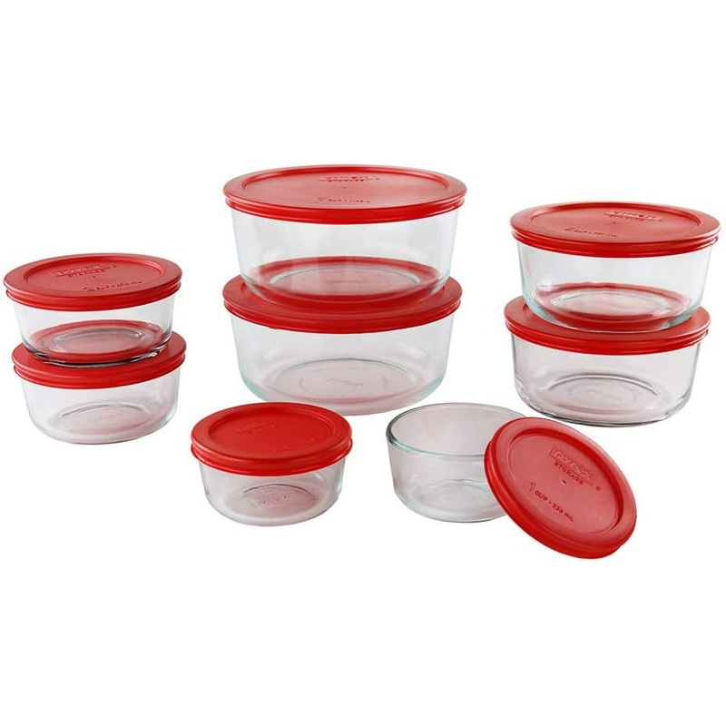 Pyrex 16-Pc Glass Food Storage Set  7, 4, 2 & 1 Cup Round Containers With Lids, BPA-Free, Dishwasher & Microwave Safe
