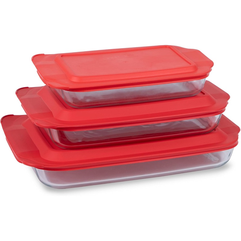 Pyrex Basics 3-Pack Glass Baking Dish Set (2QT, 3QT, 4.8QT) With BPA-Free Lids, Rectangular Glass Bakeware, Dishwasher, Microwave, Freezer & Pre-Heated Oven Safe