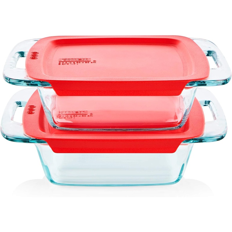Pyrex Easy Grab 4-Piece Glass Baking Dish Set with Lids, 2-Qt Glass Bakeware Set, Non-Toxic, BPA-Free Lids, Tempered Glass Nesting Bakeware Set