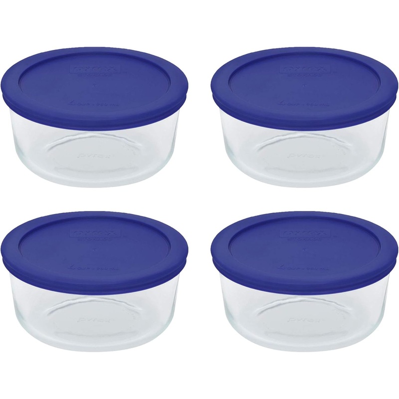 Pyrex Storage 4 Cup Round Dish, Clear with Blue Lid  Original Genuine Pyrex  Pack of 4 Containers