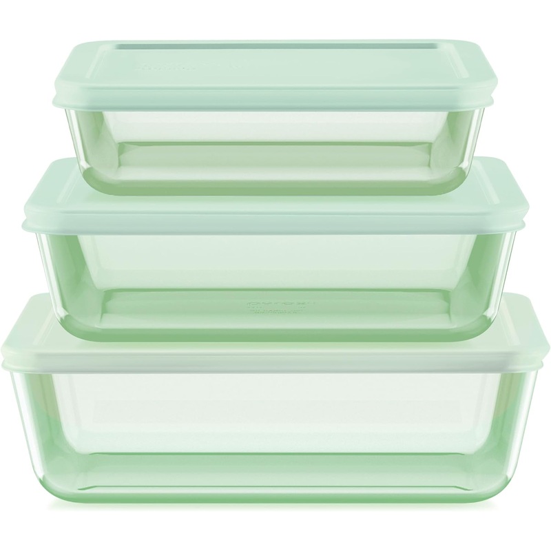 Pyrex Year of Color (3-Pack) Tinted Rectangular Glass Food Storage Containers Set, (3, 6 & 11 Cup) Meal Prep Containers With BPA-Free Lids, Dishwasher & Microwave Safe, Green
