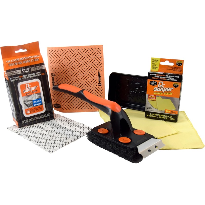 Q-Swiper XL Complete Grill Cleaner Kit  Hot + Cold + Exterior Grill Cleaning. Includes 1 Long Grill Brush, 2 Steam Clean Cloths, 40 Moist Grill Wipes, 1 Exterior Reusable Cloth and 1 Tray.
