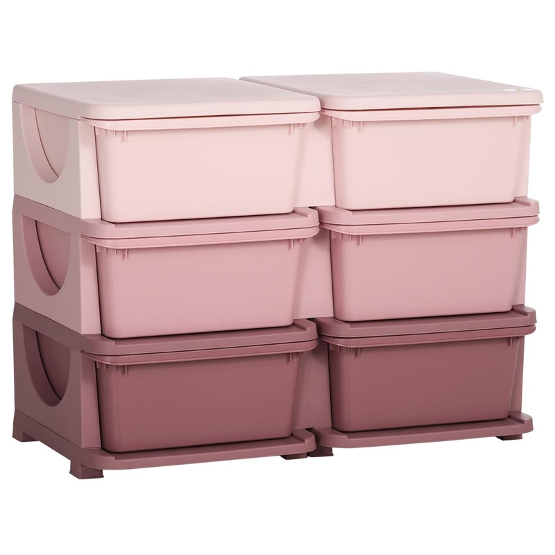 Qaba 3 Tier Kids Storage Unit, 6 Drawer Chest Toy Organizer Plastic Bins for Kids Bedroom Nursery Kindergarten Living Room for Boys Girls Toddlers, Cream