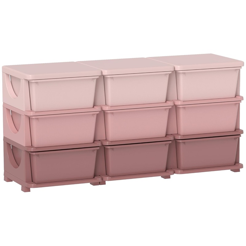 Qaba 3 Tier Kids Storage Unit, 9 Drawer Chest Toy Organizer Plastic Bins for Kids Bedroom Nursery Kindergarten Living Room for Boys Girls Toddlers, Pink