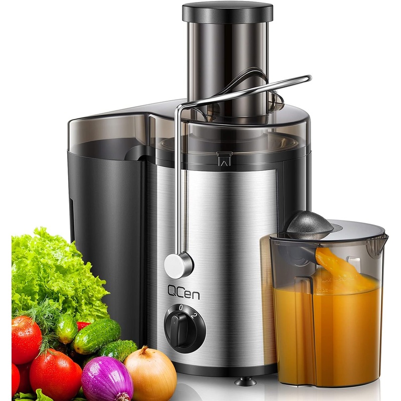 QCenJuicer Machine, 500W Centrifugal Juicer Extractor with Wide Mouth 3 Feed Chute for Fruit Vegetable, Easy to Clean, Stainless Steel, BPA-free, (Black) (Black)