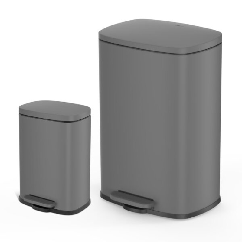 Qualiazero 13.2 Gallon and 3.2 Gallon Trash Can Combo, Rectangular Shape Step Can Combo  Matte Gray