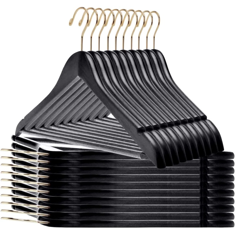 Quality Black Wooden Hangers  Slightly Curved Hanger Set of 30-Pack  Solid Wood Coat Hangers with Stylish Chrome Hooks  Heavy-Duty Clothes, Jacket, Shirt, Pants, Suit Hangers (Black-Gold Hook, 30)