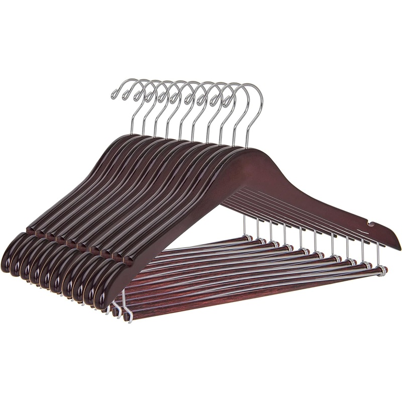 Quality Hangers Wooden Hangers Beautiful Sturdy Suit Coat Hangers with Locking Bar Chrome Hooks (50)