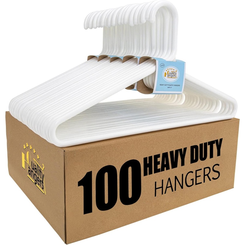 Quality White Hangers 100-Pack  Super Heavy Duty Plastic Clothes Hanger Multipack  Thick Strong Standard Closet Clothing Hangers with Hook for Scarves and Belts-17 Coat Hangers (White, 100)