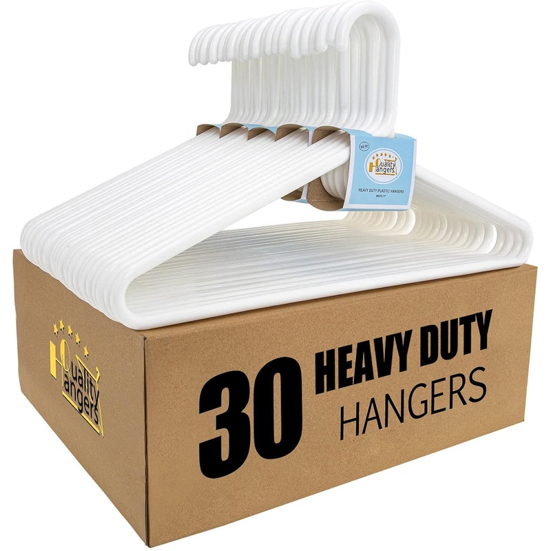 Quality White Plastic Hangers 30 Pack  Super Heavy Duty Plastic Clothes Hanger Multipack  Thick Strong Standard Closet Clothing Hangers with Hook for Scarves and Belts-17 Coat Hangers (White, 30)