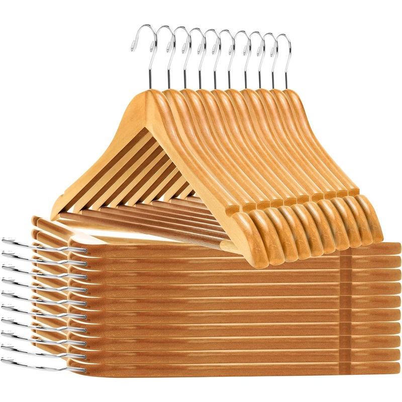 Quality Wooden Hangers  Slightly Curved Hanger 80 Pack Sets  Solid Wood Coat Hangers with Stylish Chrome Hooks  Heavy-Duty Clothes, Jacket, Shirt, Pants, Suit Hangers (Natural, 80)